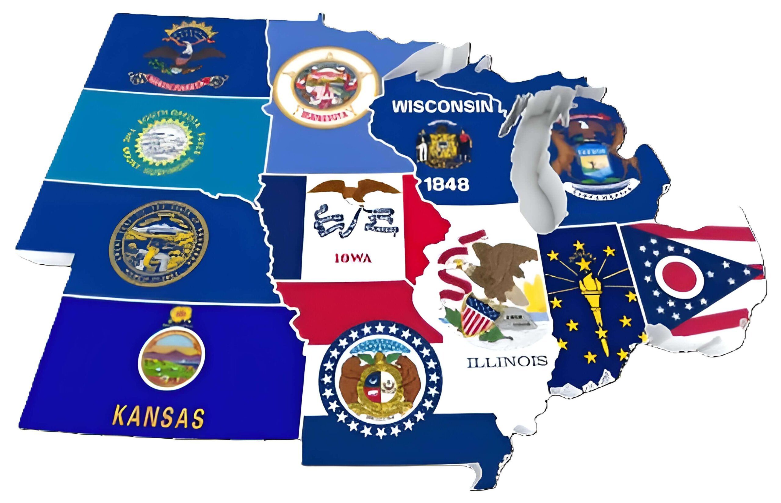 Illinois, Ohio, Michigan, Indiana, Wisconsin, Minnesota, Missouri, Iowa, Kansas, Nebraska, South Dakota, & North Dakota