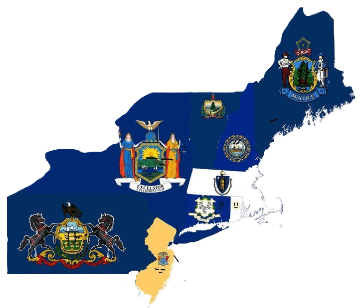 New York, Pennsylvania,, New Jersey, Massachusetts, Connecticut, New Hampshire, Maine, Vermont, & Rhode Island