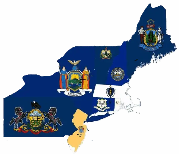 New York, Pennsylvania,, New Jersey, Massachusetts, Connecticut, New Hampshire, Maine, Vermont, & Rhode Island